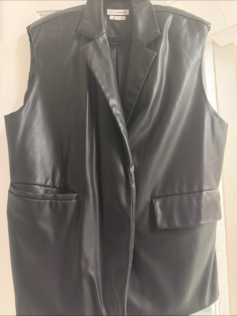 NATIVE YOUTH Black Faux Leather Sleeveless Blazer Vest